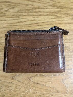 Fossil Men's Andrew Zip Card Case Cognac Colour With H.N. Initials. Used Lightly